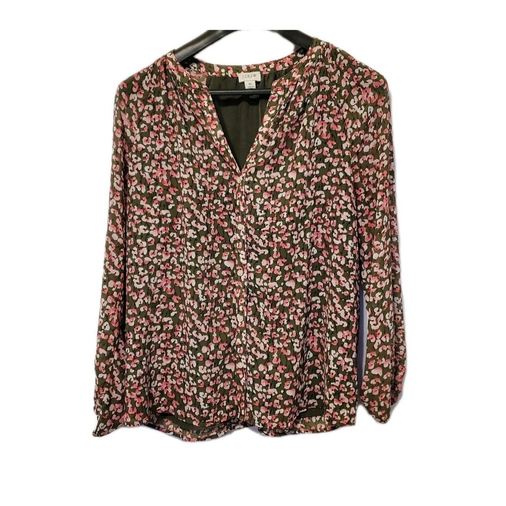 J Crew Green Pink Floral Long Sleeve Blouse XL Button Front Flowy Lightweight